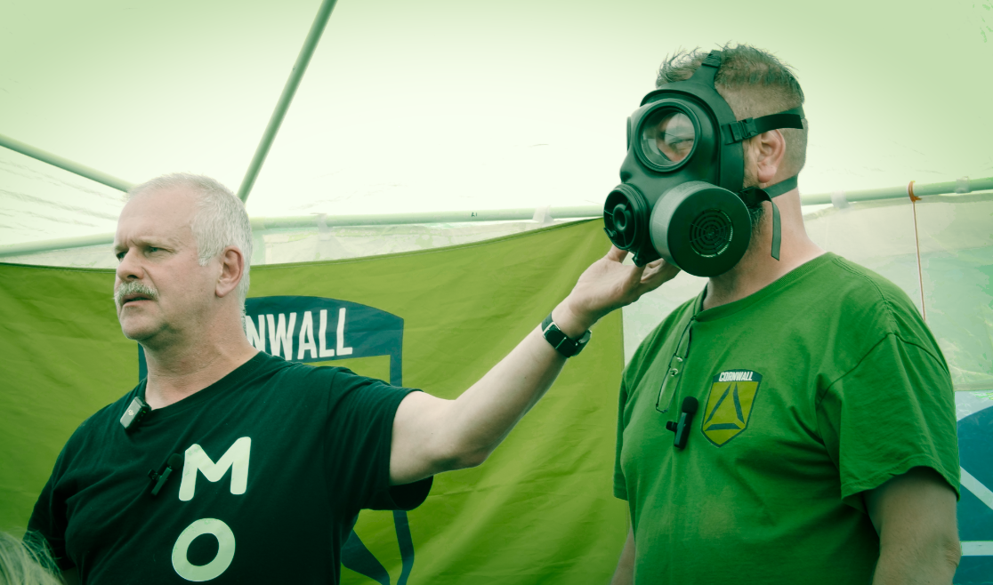 A gas-mask demo at the meet-up in Cornwall