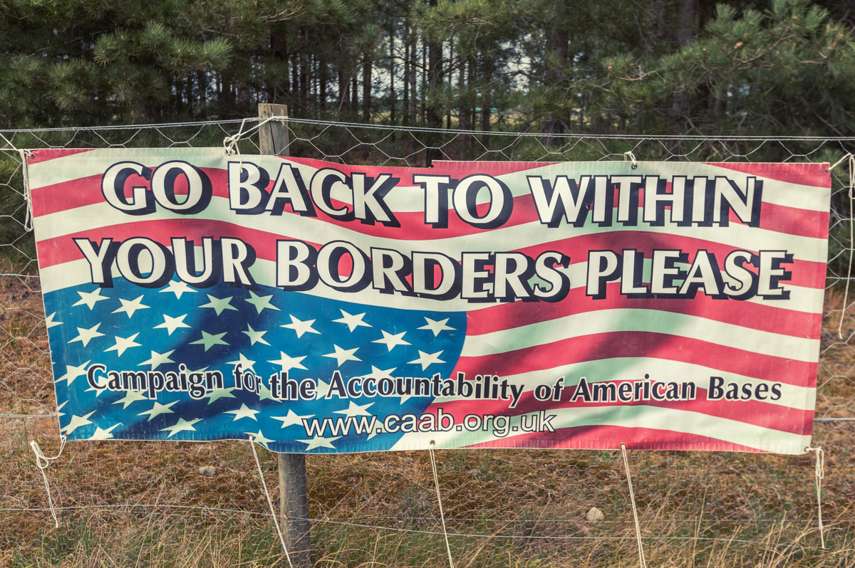 A banner outside RAF Lakenheath (Penelope Barritt)